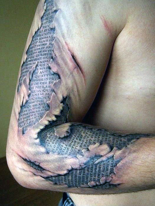 Ripped skin optical illusion quote arm mens tattoo