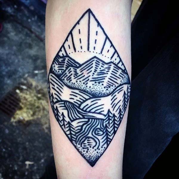 River with nature forest woodcut mens small forearm tattoo
