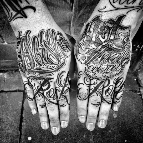 Rock and roll guys script hand and finger tattoos