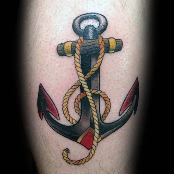 Rope treble clef on anchor mens thigh tattoo