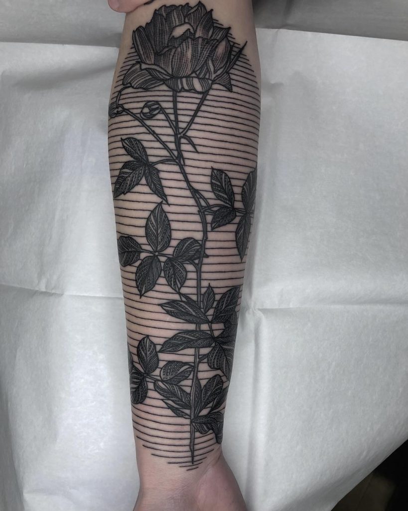 Rose And Linear Pattern Tattoo