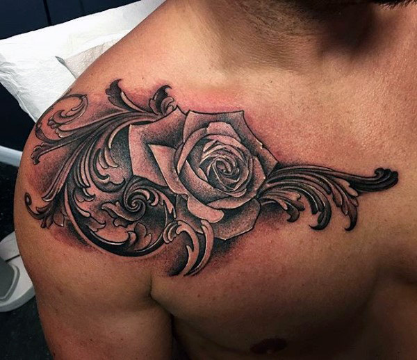 Rose flower with filigree detail mens shoulder tattoo ideas