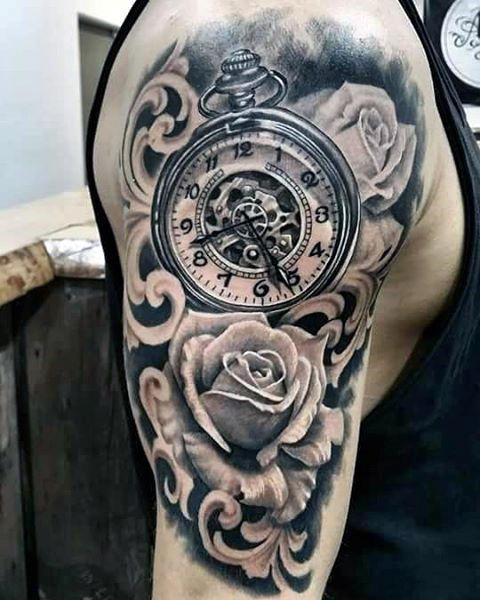 Rose flower with pocket watch filigree half sleeve guys tattos