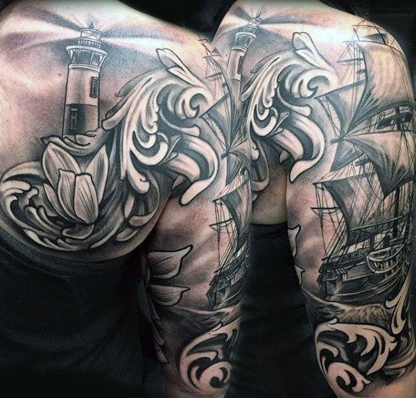 Sailing ship filigree mens shoulder and half sleeve tattoo
