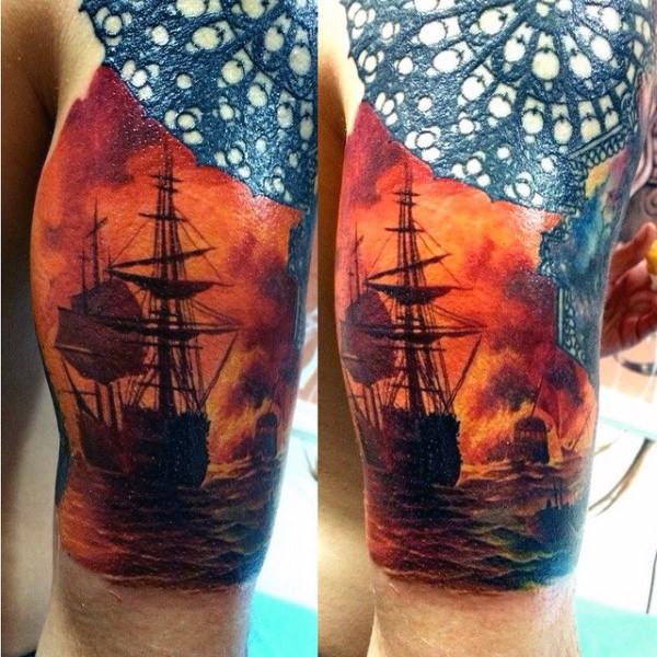Sailing ship on fire mens half sleeve tattoo