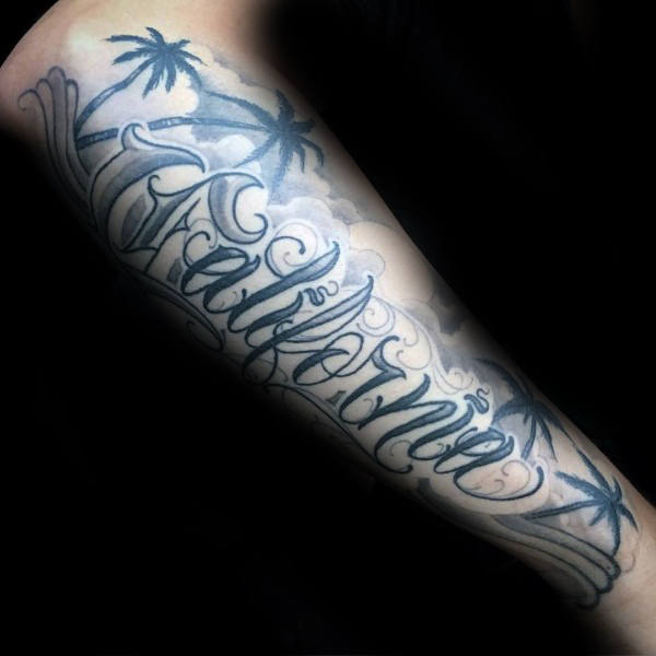 Script forearm sleeve mens california word tattoo
