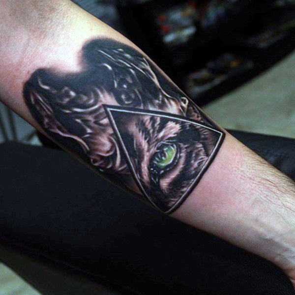Seeing eye tiger triangle mens fire inner forearm tattoo