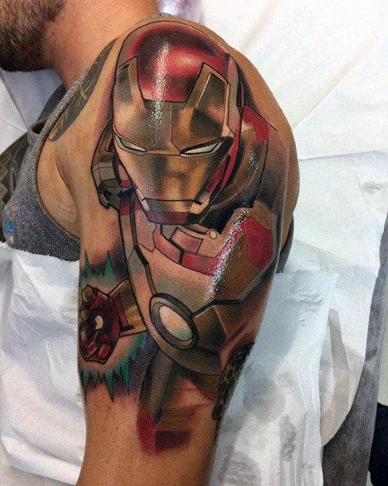 Shaded color mens ironman marvel mens arm tattoo designs