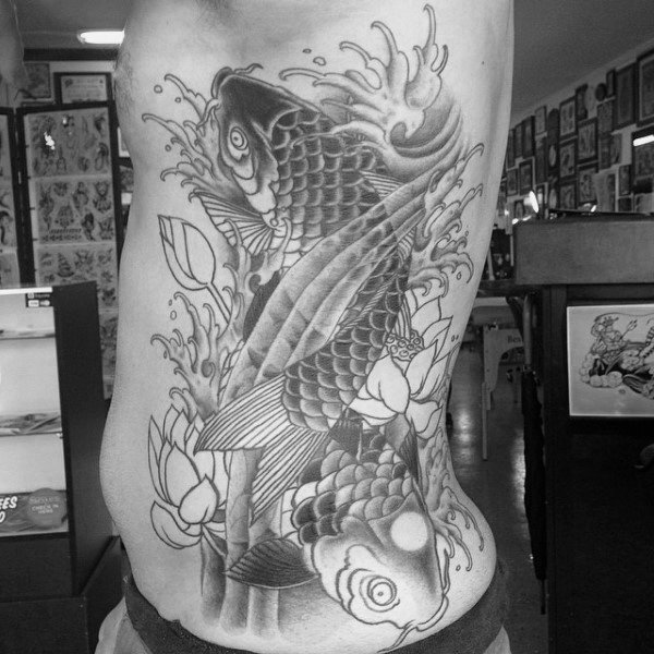 Shaded koi fish male pisces rib cage side japanese tattoos
