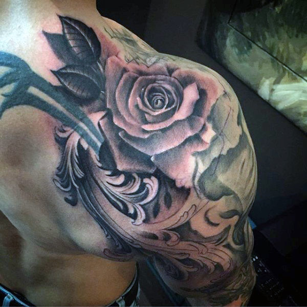 Shoulder half sleeve rose flower filigree male tattoo ideas
