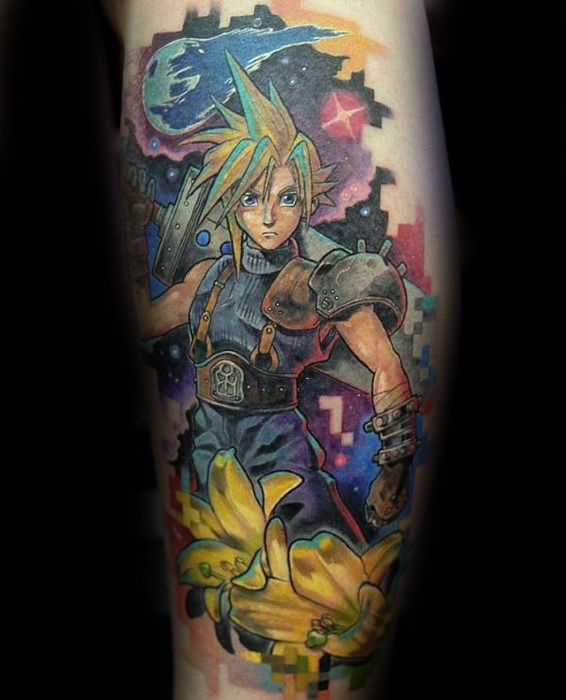 Side of leg final fantasy tattoo on man