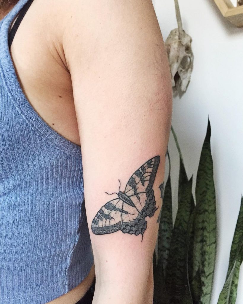 Simple Black And Grey Butterfly Tattoo On The Left Upper Arm Simple Black And Grey Butterfly Tattoo On The Left Upper Arm