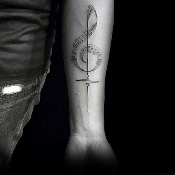 Simple music note sheet inner forearm tattoo for men