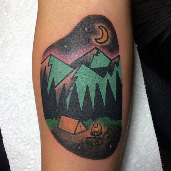 Simple shaded camping in wood scene tattoo on forearm on man Simple shaded camping in wood scene tattoo on forearm on man