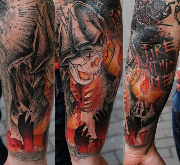 Skeleton mens forearm sleeve fire tattoo