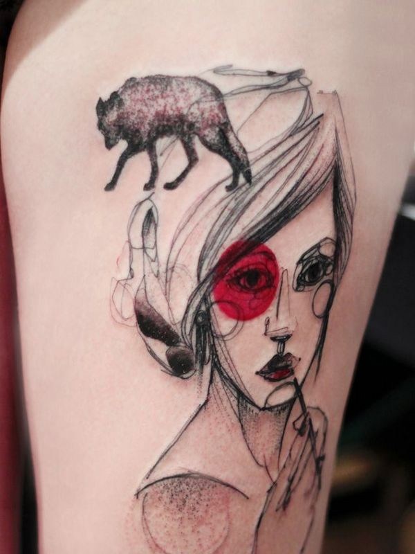 Sketch style colored thigh tattoo of woman