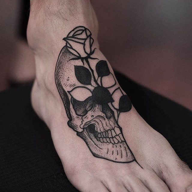 Skull And Rose Tattoo On The Foot