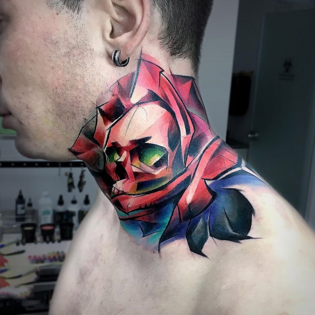 Skull Rose Neck Tattoo