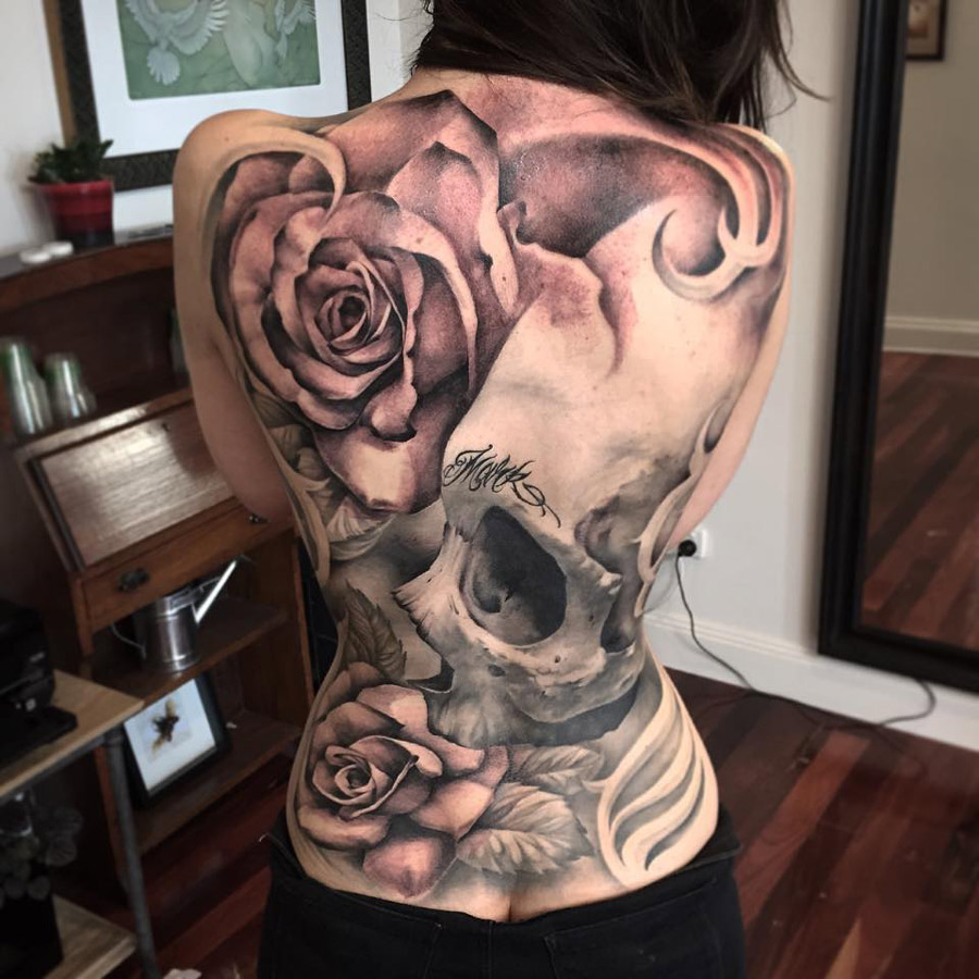 Skull & Roses Back Tattoo