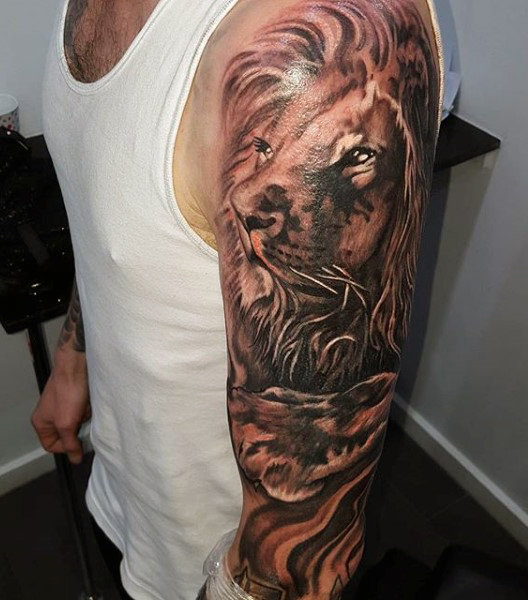 Sleeve lions head mens tattoo