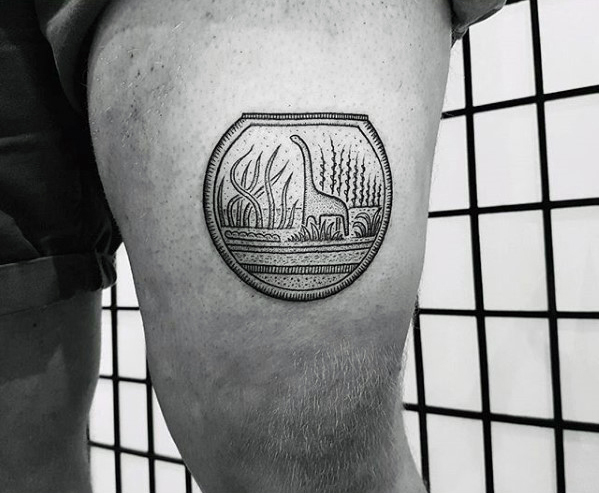 Small nature dinosaur mens thigh tattoo