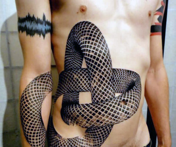 Snake optical illusion mens rib cage side tattoo
