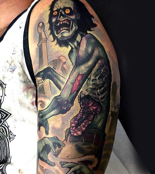 Soulless corpse zombie in graveyard mens sleeve tattoo