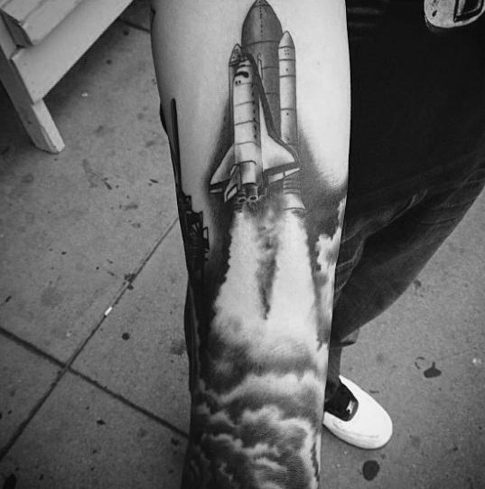 Spaceship realistic black and grey mens inner forearm tattoo Spaceship realistic black and grey mens inner forearm tattoo