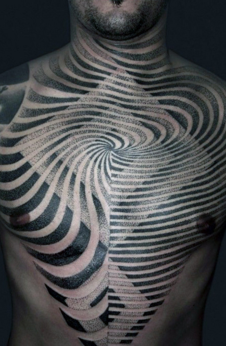 Squares with spiral optical illusion mens black ink full chest tattoo