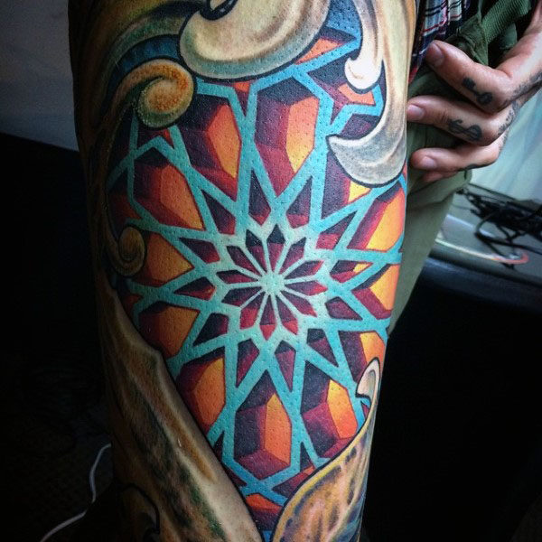 Star optical illusion mens forearm tattoo