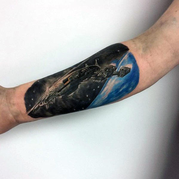 Star wars spaceship mens inner forearm tattoo Star wars spaceship mens inner forearm tattoo