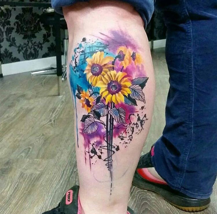 Sunflowers Botanical Calf Tattoo
