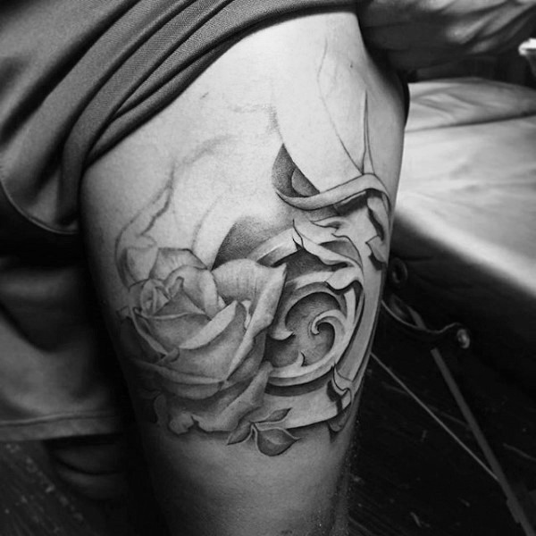 Thigh filigree rose men tattoo inspiration
