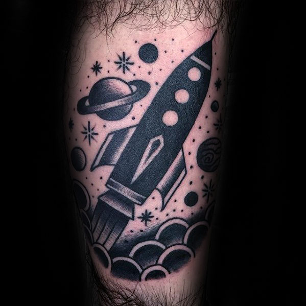Traditional spaceship mens old school leg tattoo