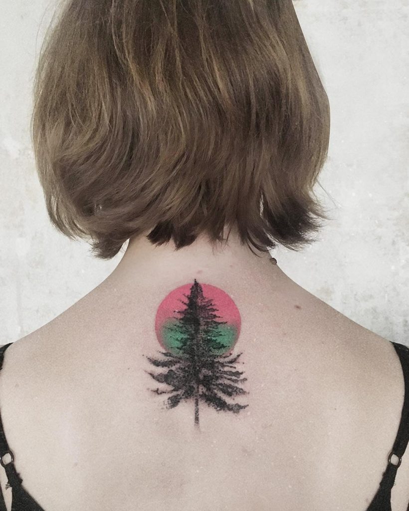 Tree And Pink Circle Tattoo
