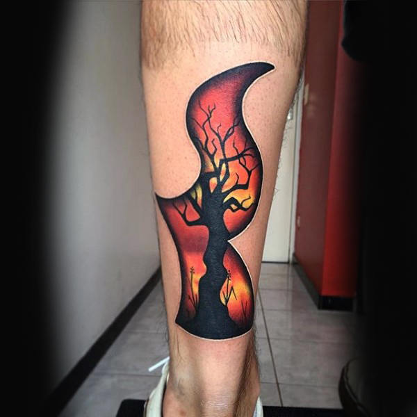 Tree fire mens 3d leg tattoo designs