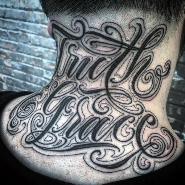 Truth and grace script mens back of neck tattoo