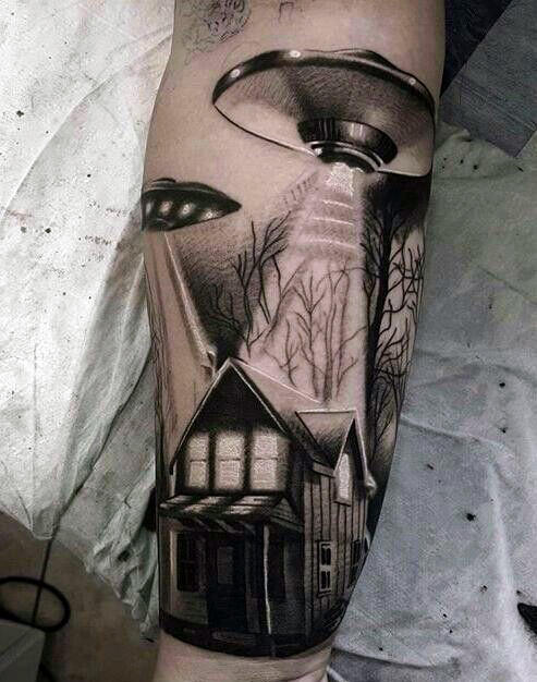 Ufo spaceship over cabin in the woods mens leg tattoo