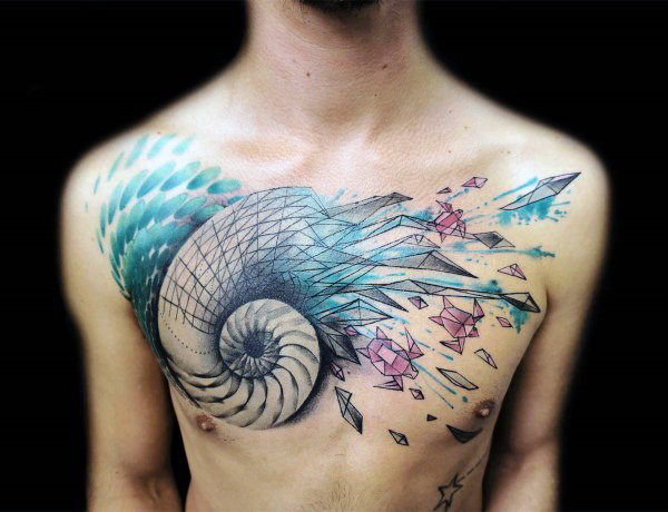 Unusual swirly watercolor tattoo on chest for men Unusual swirly watercolor tattoo on chest for men