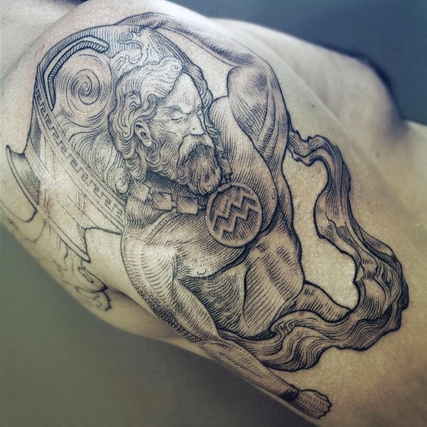 Upper arm aquarius tattoo on male with woodcut design