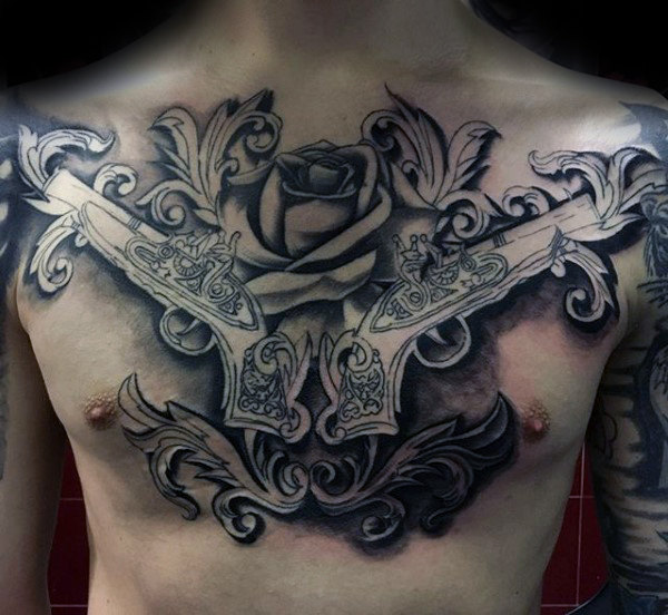 Vintage pistol filigree mens chest tattoo