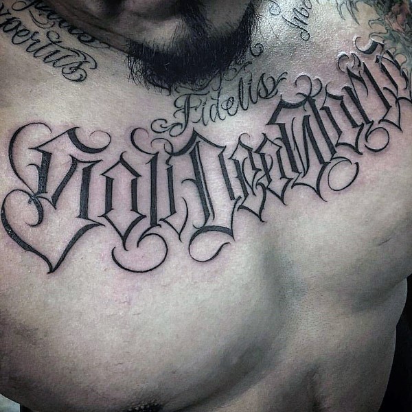 Vintage script mens upper chest tattoo