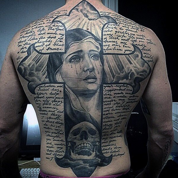 Virgin mary cross guys bible script back tattoo