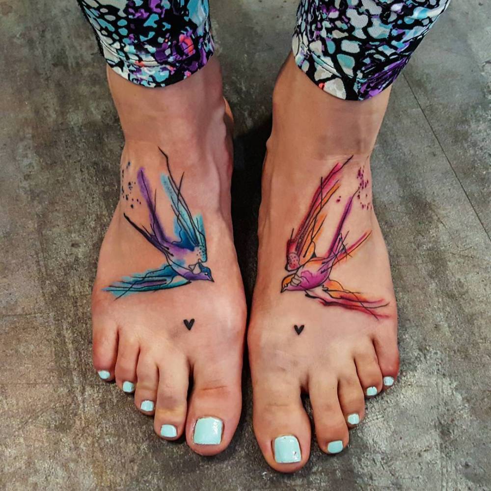 Watercolor Bird Tattoos On Feet