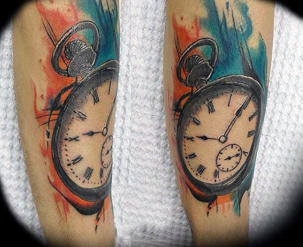 Watercolor clock tattoo on legs for male