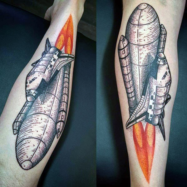 Woodcut guys spaceship back of leg tattoo