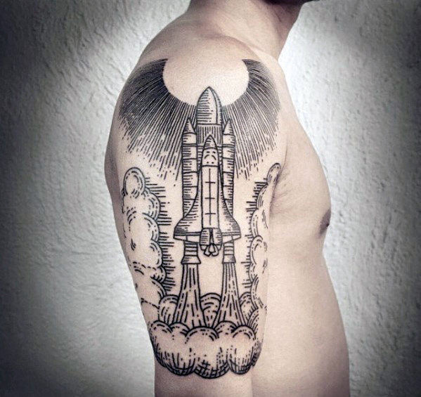 Woodcut mens spaceship taking off half sleeve tattoo