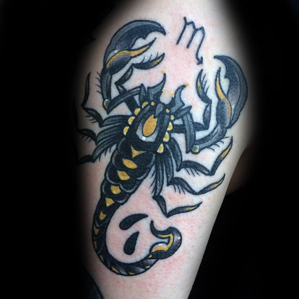 Yellow and black ink scorpio mens arm tattoo designs