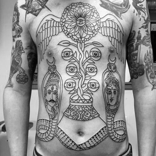 all seeing eye caduceus abstract male stomach tattoos