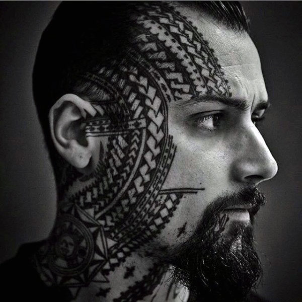 Awesome guys polynesian tribal face tattoos with pattern design
